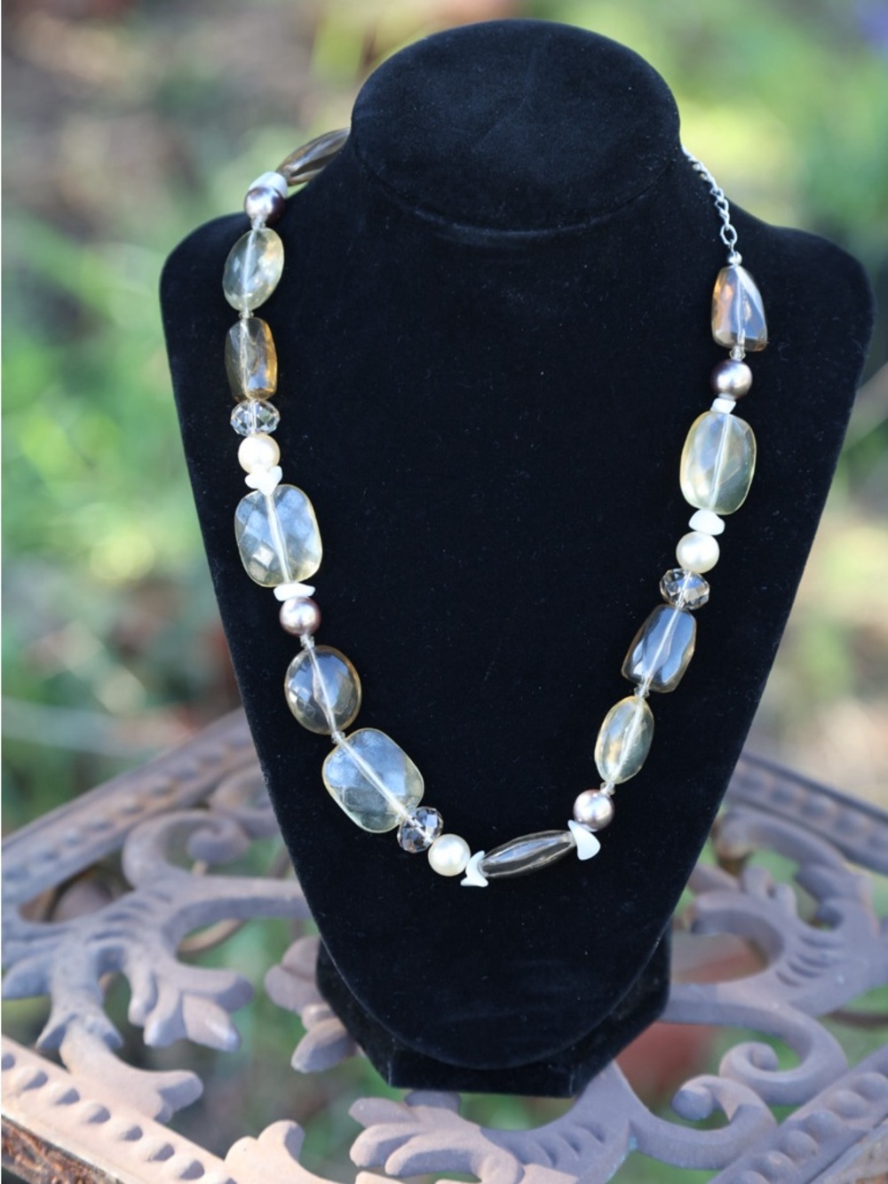 Glass Bead Statement Necklace in Smoky Amber and Pearl